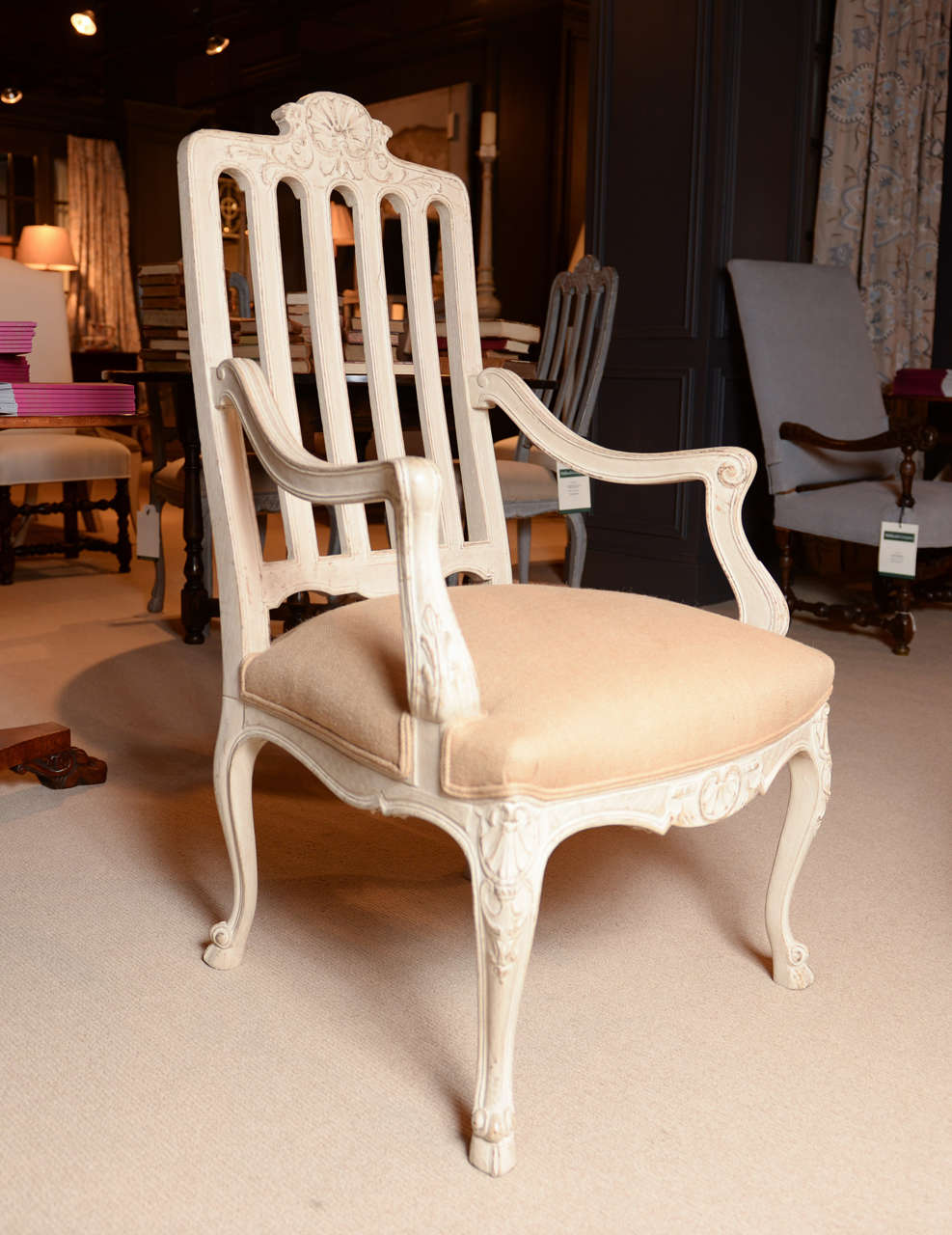 French Fire Side Louis XVI ArmChair, Carved, Curved Legs and Cream