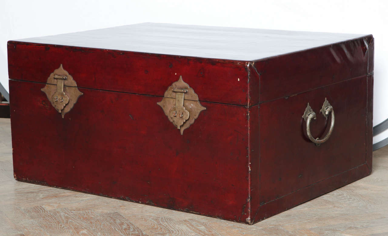 This is a Chinese trunk made which was handmade using pig skin. This was most likely a military trunk or a affluent collectors trunk.
