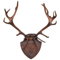 Antique Carved Head and Antlers 18th Century