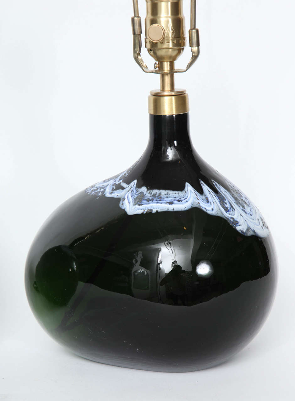 Scandinavian Modern Pair of Black Emerald Art Glass Lamps by Michael Bang For Sale