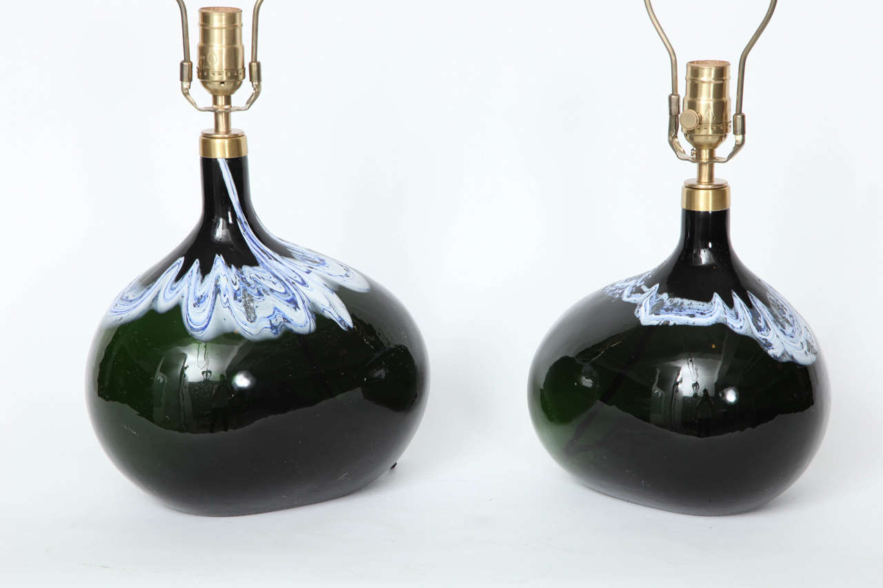 Swedish Pair of Black Emerald Art Glass Lamps by Michael Bang For Sale