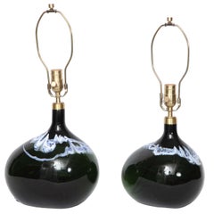 Pair of Black Emerald Art Glass Lamps by Michael Bang