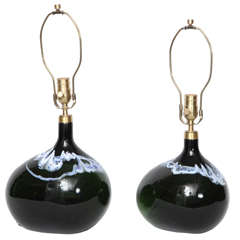 Pair of Black Emerald Art Glass Lamps by Michael Bang 9