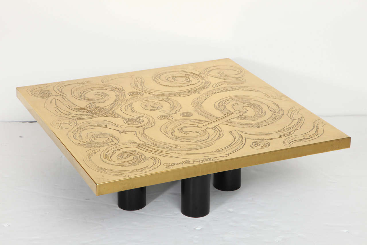 Square coffee table etched brass by Guy De Jong, in perfect condition, circa 1970.