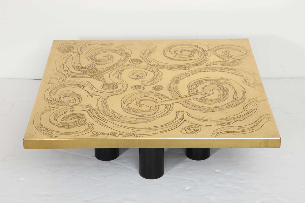 Mid-Century Modern Coffee Table Etched Brass by Guy De Jong