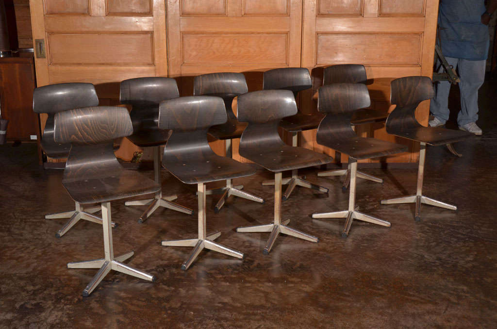 Antique French Mid-Century office side chairs.
Wood and chrome four legged X-base. 
Origin: Pairs, 1960s.

Each chair is sold separately.