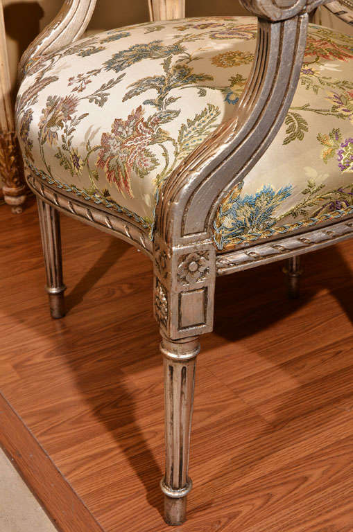 19th c  Louis XVI oval back silver leafed armchairs In Excellent Condition In Dallas, TX