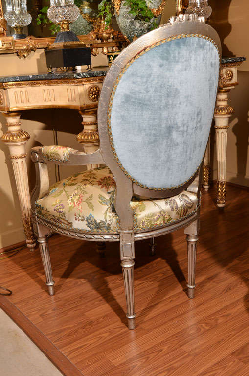 Wood 19th c  Louis XVI oval back silver leafed armchairs