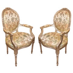 19th c  Louis XVI oval back silver leafed armchairs