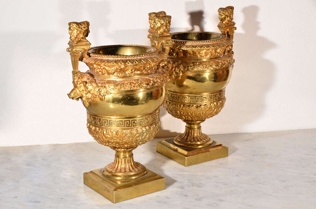 Pair of Classical Gilt Bronze Urns