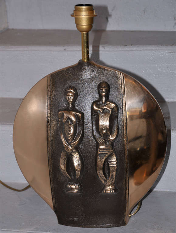 1970s bronze lamp with two abstract characters, signed but difficult to read (see view 4).