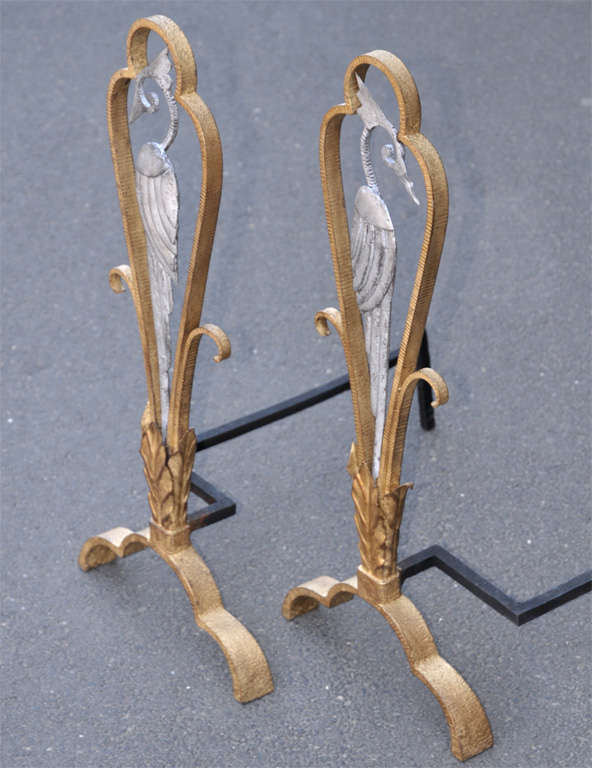 Wrought Iron Two 1930s Andirons Attributed to Edouard Schenck For Sale