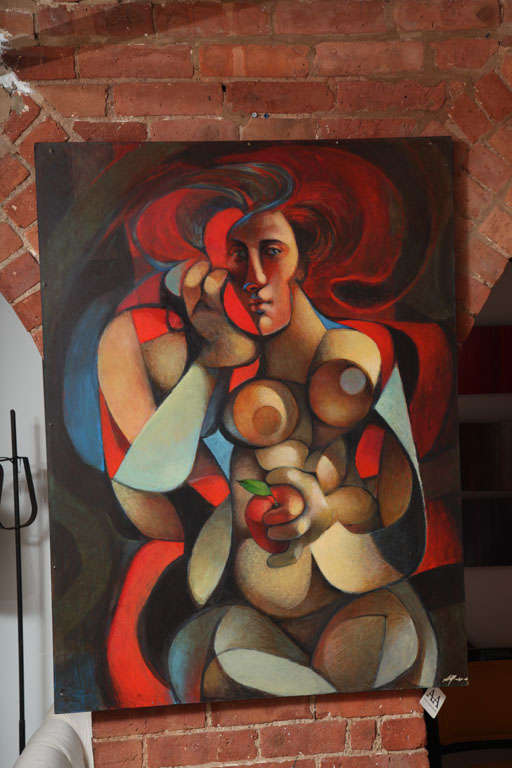 The painting is a series, Madonna of New York City. The unique painting of a woman holding an apple is very abstract and playful. Bright reds and blues make the painting pop with color and life.