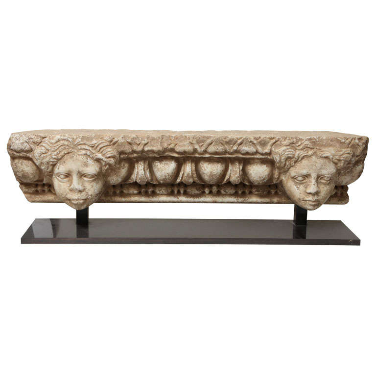Ancient Roman Marble Architrave with Two Heads For Sale