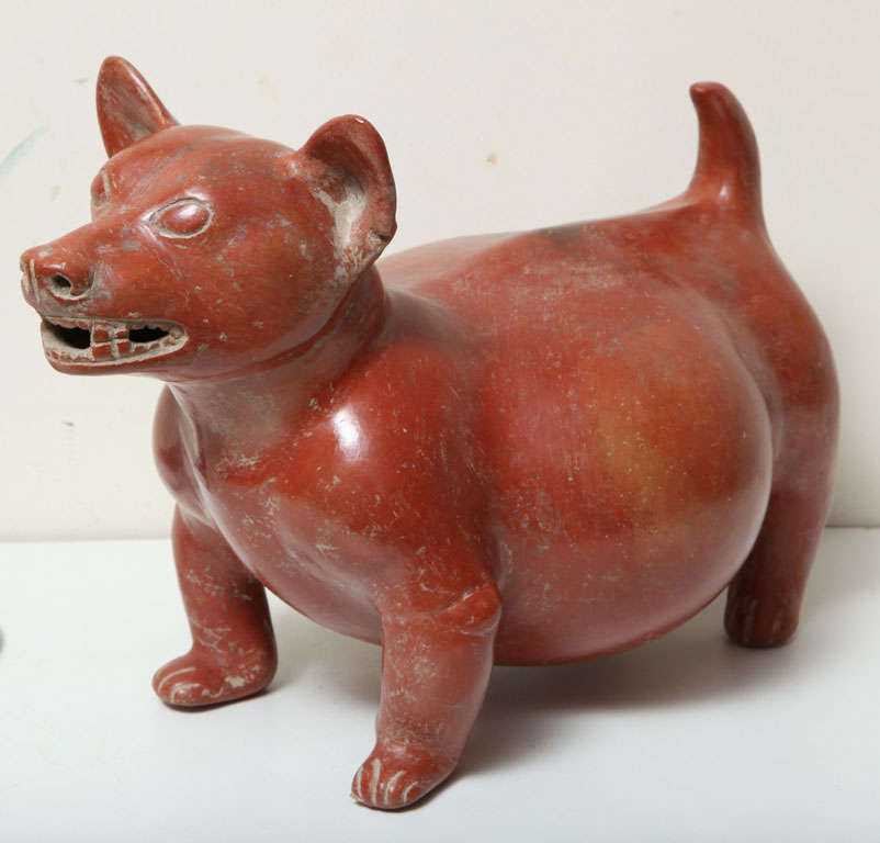 A large and wonderful burnished pottery dog effigy, plump and standing on four square legs with a pointed tail in the air. His large triangular ears are seemingly alert but perhaps his best quality is the open mouth with incised teeth. 


Ex Old