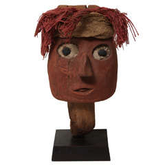 Pre Columbian Chancay Wood Mummy Mask with Textile Headband