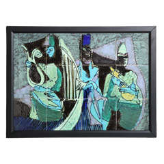 1950's Harris G. Strong Colorful Hand Painted "Three Musician" Tiled Wall Art 7