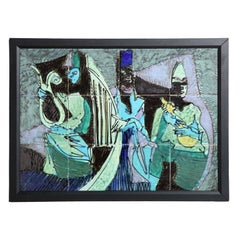 Harris G. Strong Framed Colorful Hand Painted "Three Musician" Tile Art, 1950's