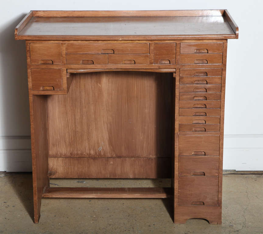 19 Drawer Grain painted Watch Makers or Jewelers Bench.  Great compact Work Stand, Hostess Station or standing / seated Computer Desk.  Ideal for Artist use.  Provides excellent storage for small space