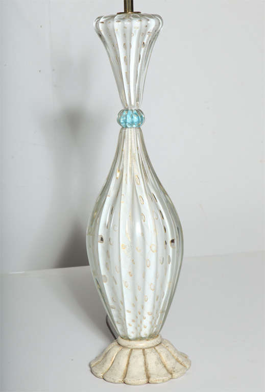 Italian Modern Barovier et Toso White and Gold Venetian Glass Table Lamp with Turquoise neck banding and painted wooden base. Featuring a ribbed  hourglass form, translucent White Glass, Gold aventurine inclusions, corseted with Baby Blue glass knot