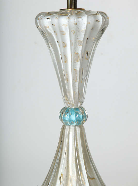 Mid-Century Modern Barovier & Toso White Ribbed Murano Glass Lamp with Gold inclusions, 1950's 