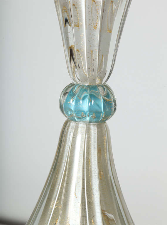 Italian Barovier & Toso White Ribbed Murano Glass Lamp with Gold inclusions, 1950's