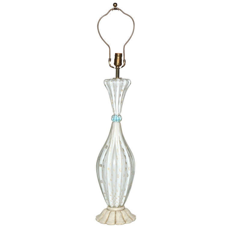 Barovier & Toso White Ribbed Murano Glass Lamp with Gold inclusions, 1950's 