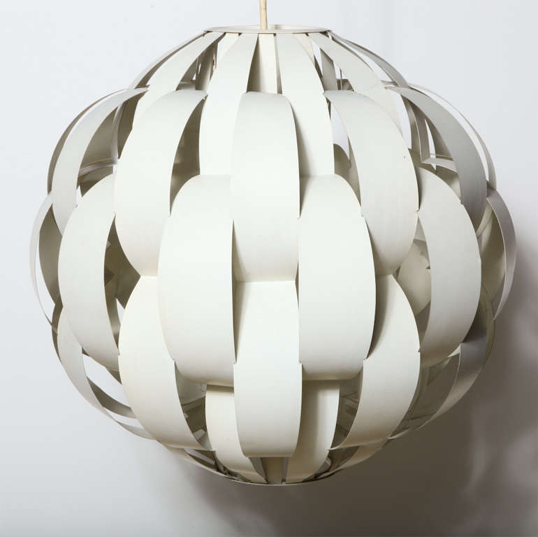 small Mid Century interwoven painted Steel Chandelier.  This origami inspired Hanging Ceiling fixture utilizes slightly Off White painted woven Sheet Metal creating a diffused sculpted light effect (with label)