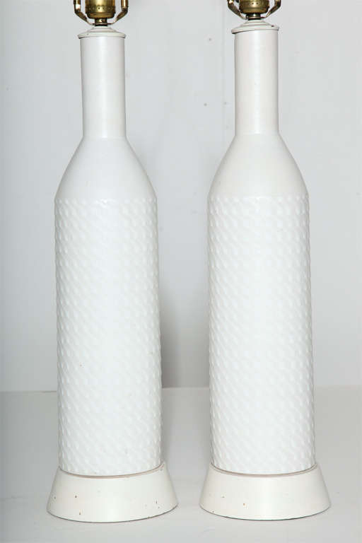 Mid-20th Century Pair of AK KAG Switzerland White Dot Ceramic Table Lamps, 1960s  For Sale