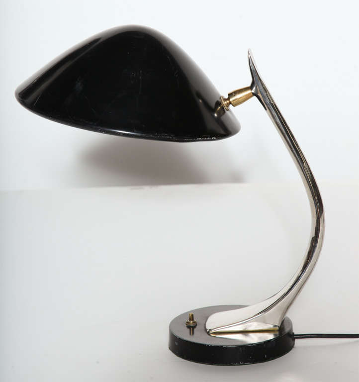 classic Mid Century Laurel Lamp Company Table Lamp with Nickel Arm and articulating Black enameled metal Shade.  Black metal base measures 6