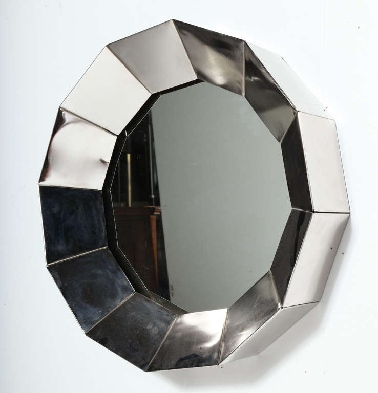 3 dimensional Curtis Jere style faceted Round Mirror in Nickel plated Iron