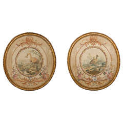 French, 18th Century Oval Pastoral Beauvais Tapestries with Giltwood Frames
