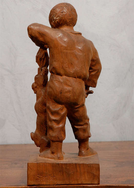 Vintage Carved Wood Figure of a Boy and Dog For Sale at 1stDibs