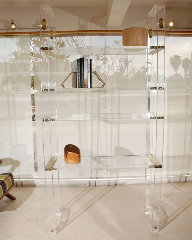 Lucite and brass bookshelf with 4 shelves all lucite including shelves.  Pace international.