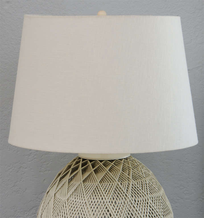 American Pair of White Woven Rattan Lamps