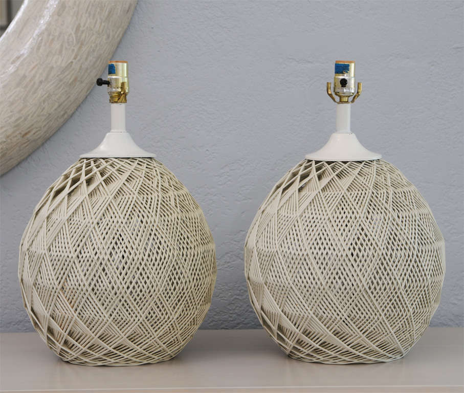 Late 20th Century Pair of White Woven Rattan Lamps