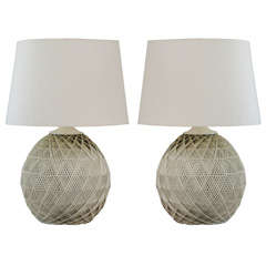 Pair of White Woven Rattan Lamps