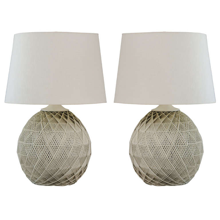 Pair of White Woven Rattan Lamps