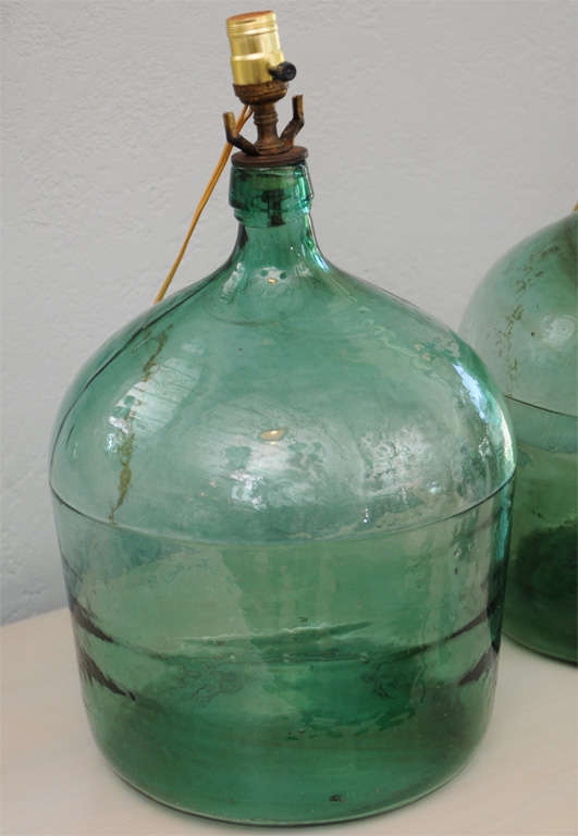 Pair of Green Glass Vintage Wine Jug Lamps at 1stDibs vintage jug lamp, green glass jug, green