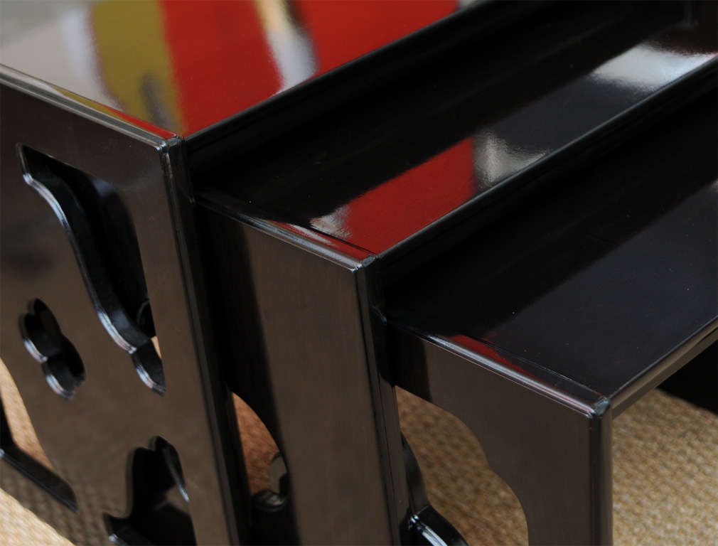 Vintage Ebonized Wood Cutout Nesting Tables Set of 3 For Sale 2