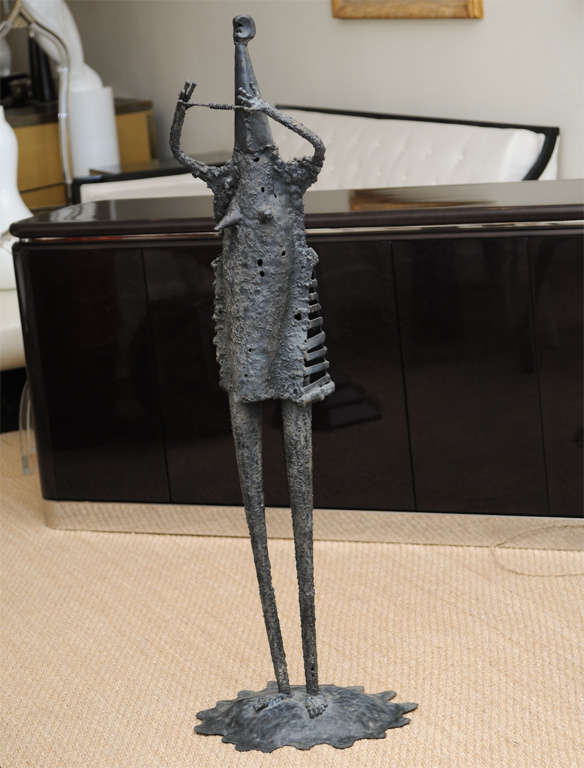 Giacometti Like Tall Figural Bronze Standing Sculpture