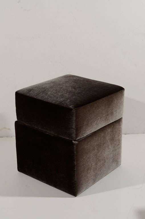American Modernist Upholstered Cube Ottoman in Gunmetal Velvet