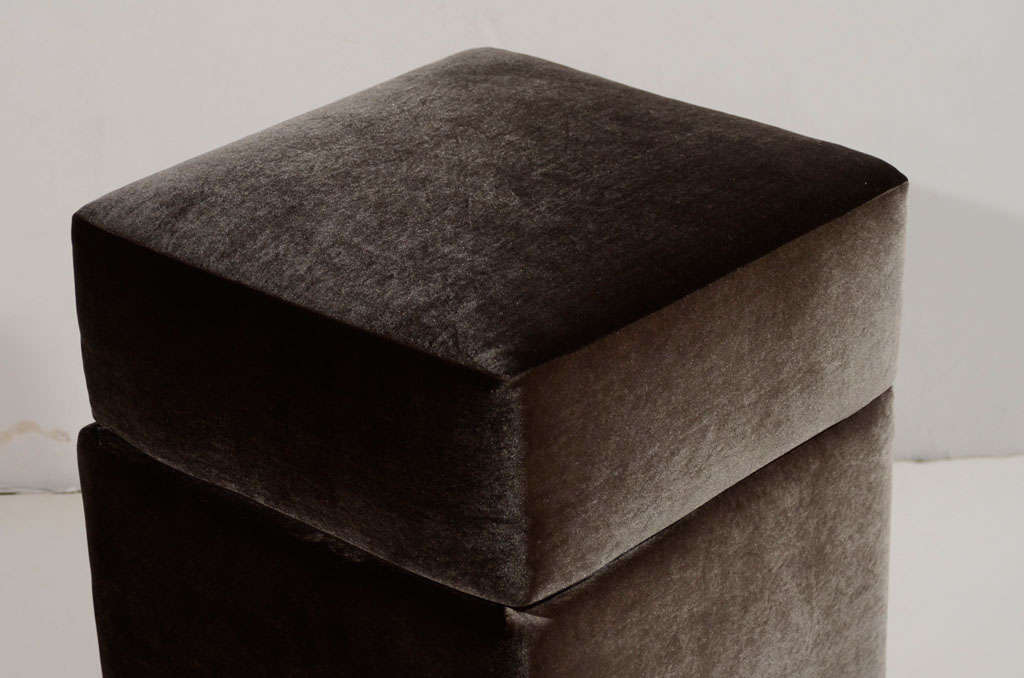 Modernist Upholstered Cube Ottoman in Gunmetal Velvet In Excellent Condition In Fort Lauderdale, FL