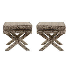 Pair of Modern Python Print Upholstered Benches with "X" Form