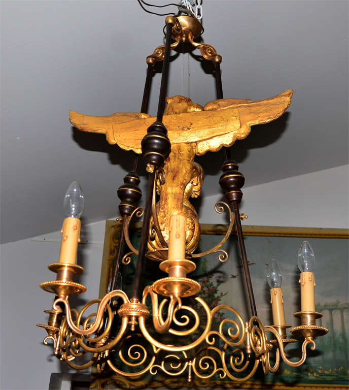 Early 19th Century Very Unusual Gilded Wood And Bronze Chandelier For Sale