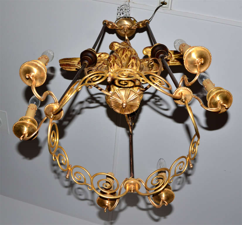Very Unusual Gilded Wood And Bronze Chandelier For Sale 2