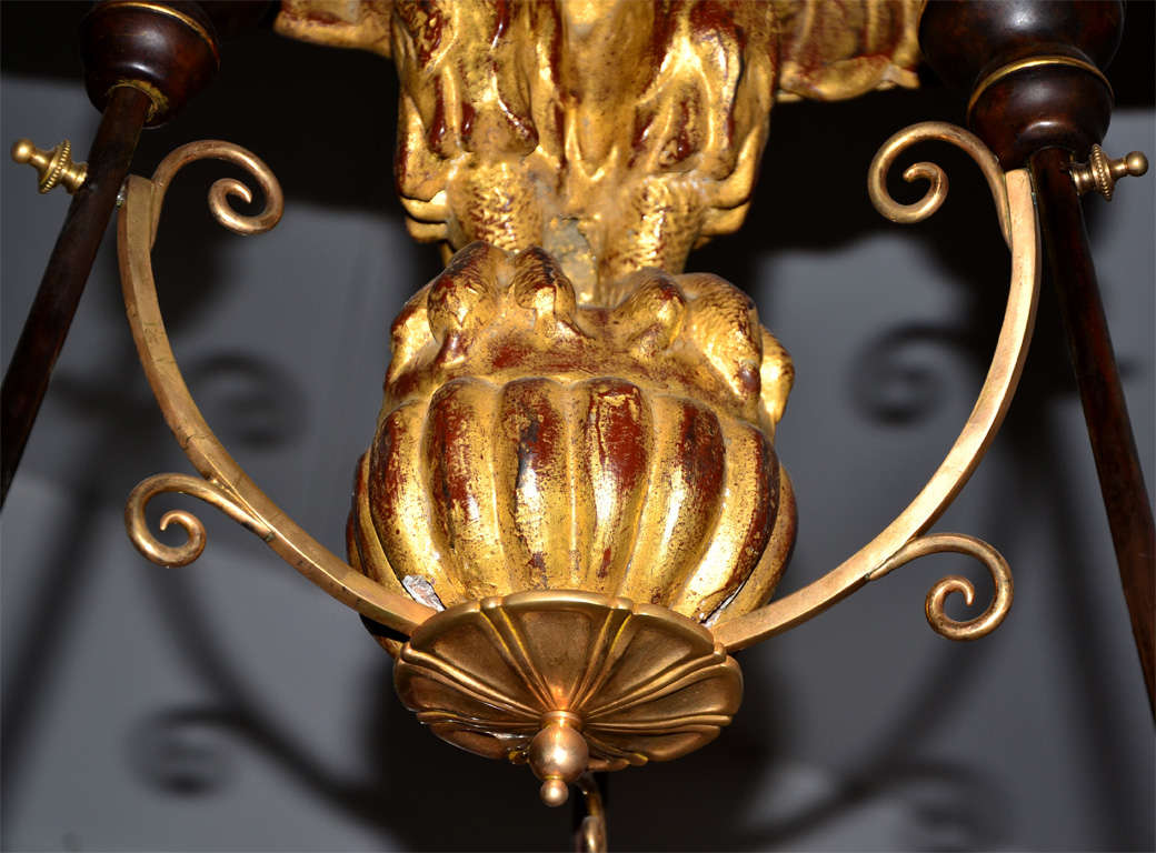 Very Unusual Gilded Wood And Bronze Chandelier For Sale 3