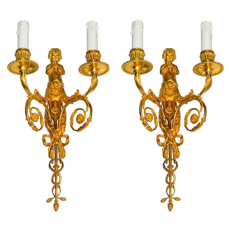 Gilded Bronze Sconces With Children playing flute For Sale