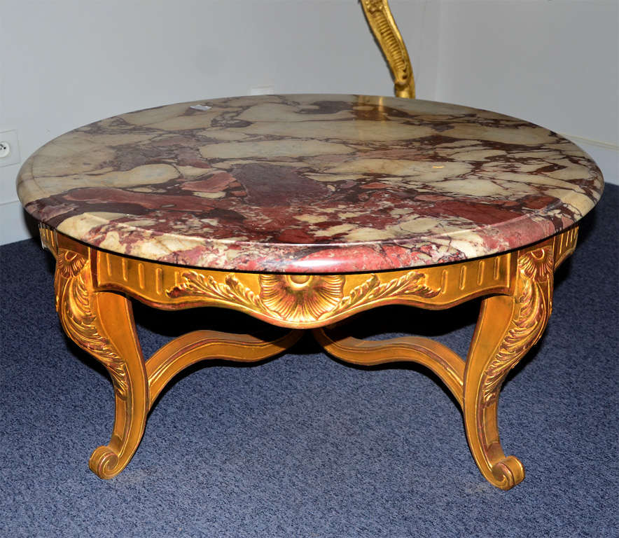 Wooden round coffee table, carved and gilded, with removable top marble 