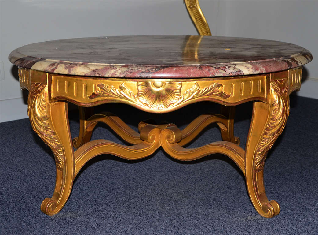 French Pretty Round Coffee Table, Louis XV Style, Gilded Wood & marble For Sale
